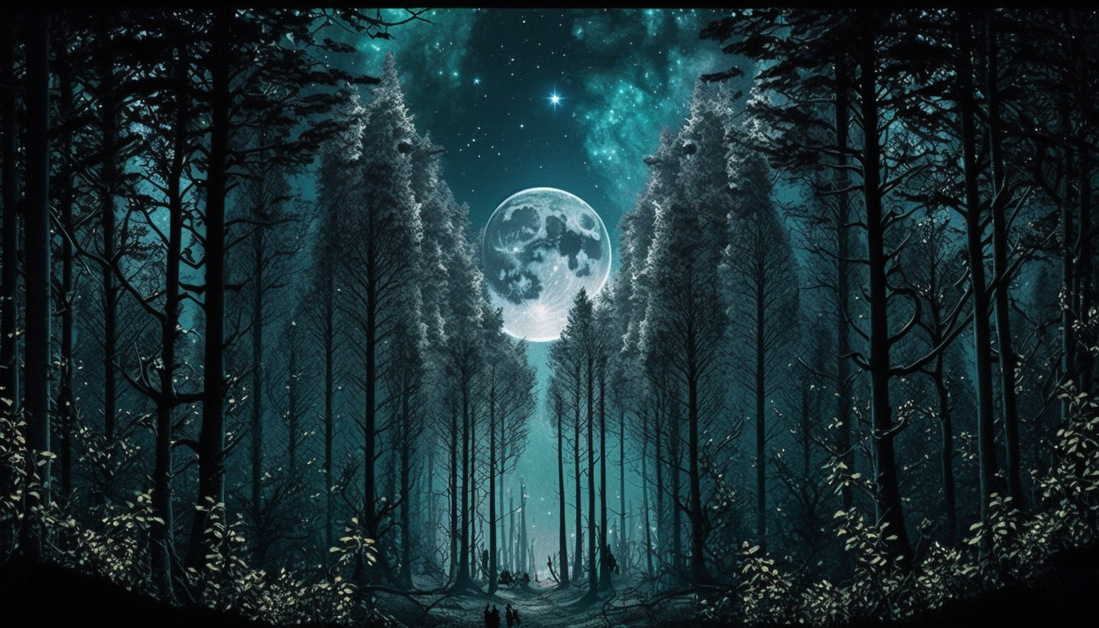 An ethereal image of a forest at night, with the moon and stars peeking through the treetops.