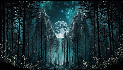 An ethereal image of a forest at night, with the moon and stars peeking through the treetops.