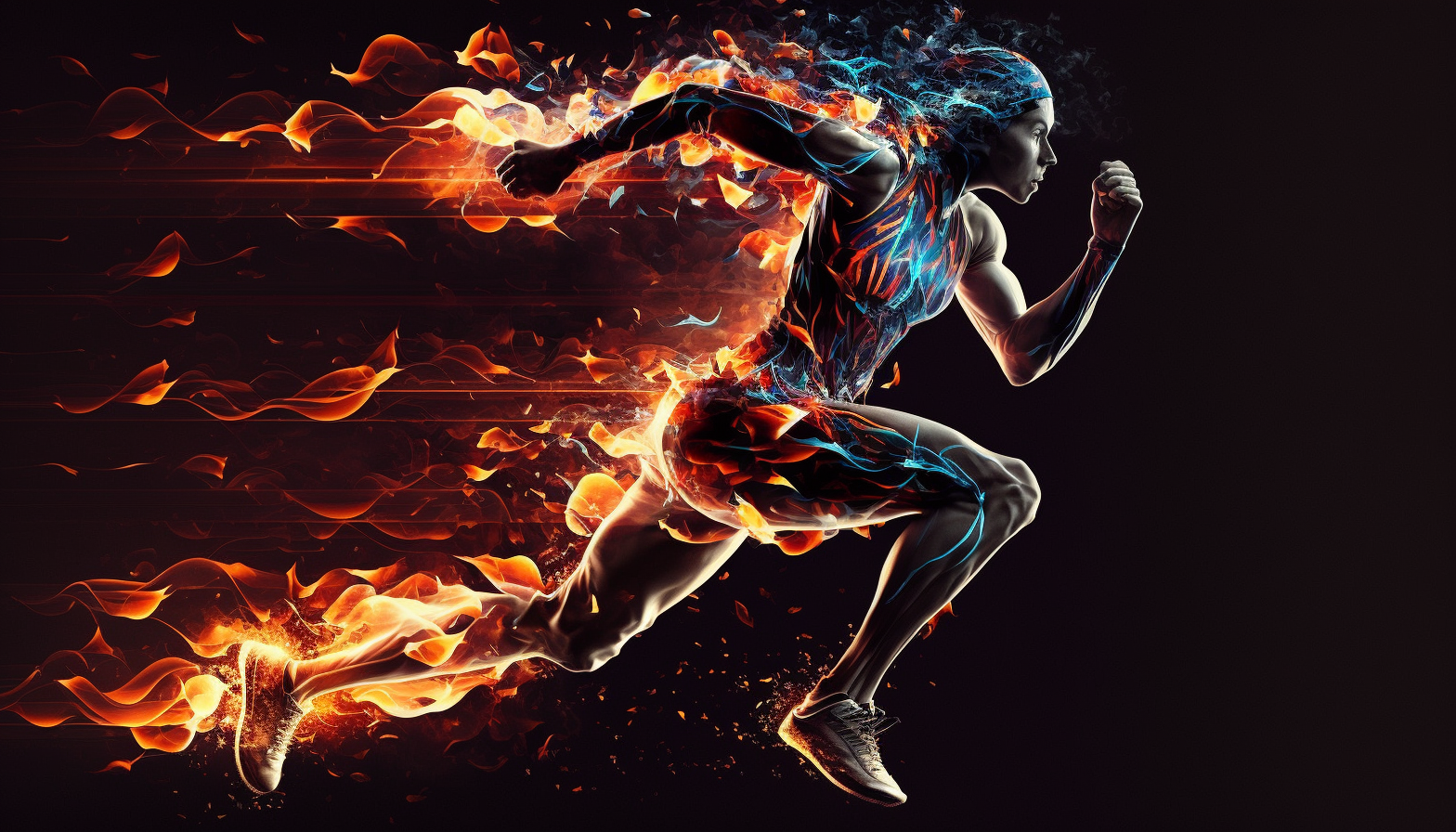 A sprinter racing towards the finish line with flames trailing behind.