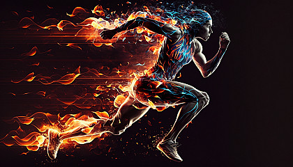 A sprinter racing towards the finish line with flames trailing behind.
