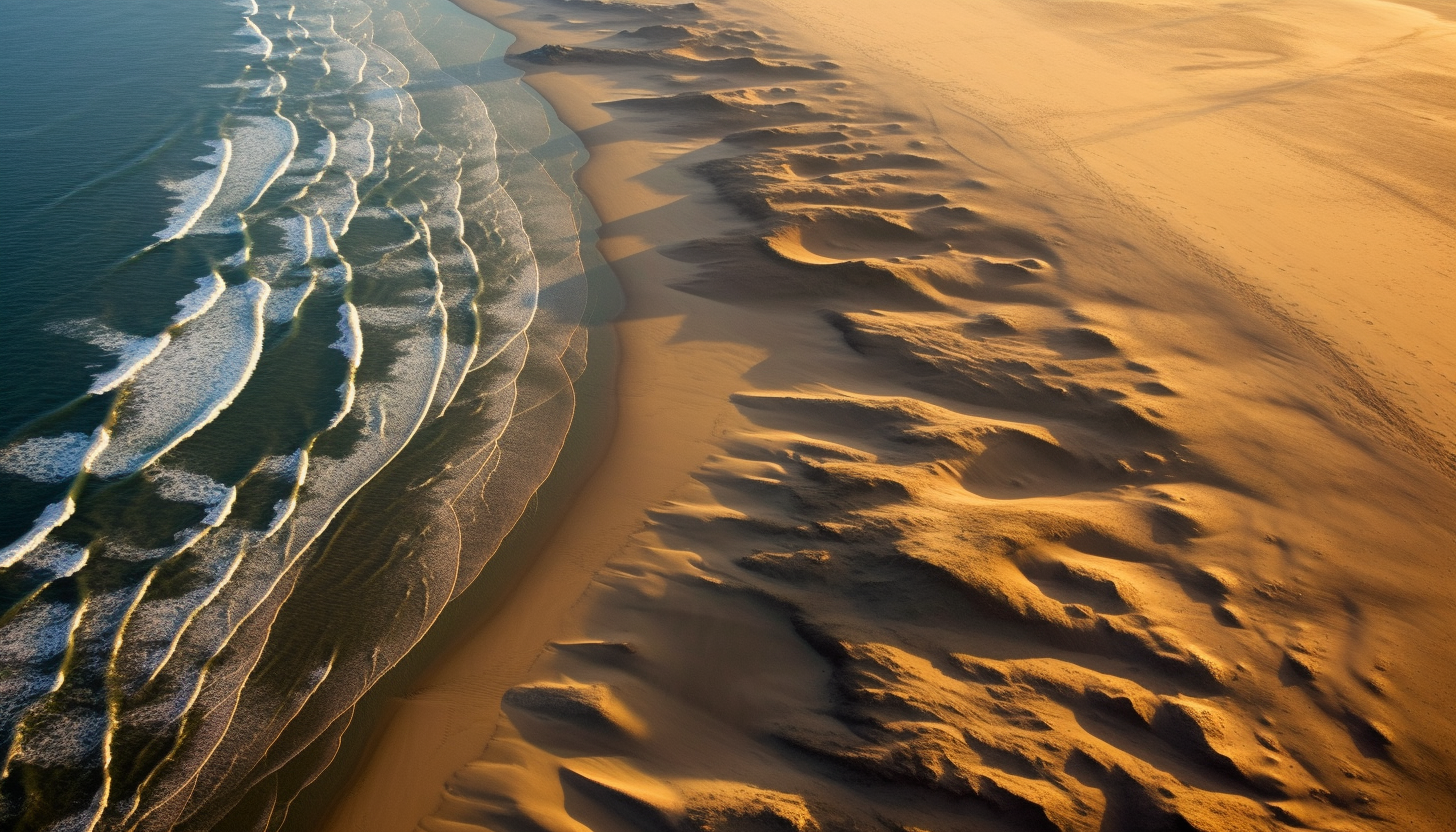 An aerial view of sand patterns created by the ebb and flow of the tide.