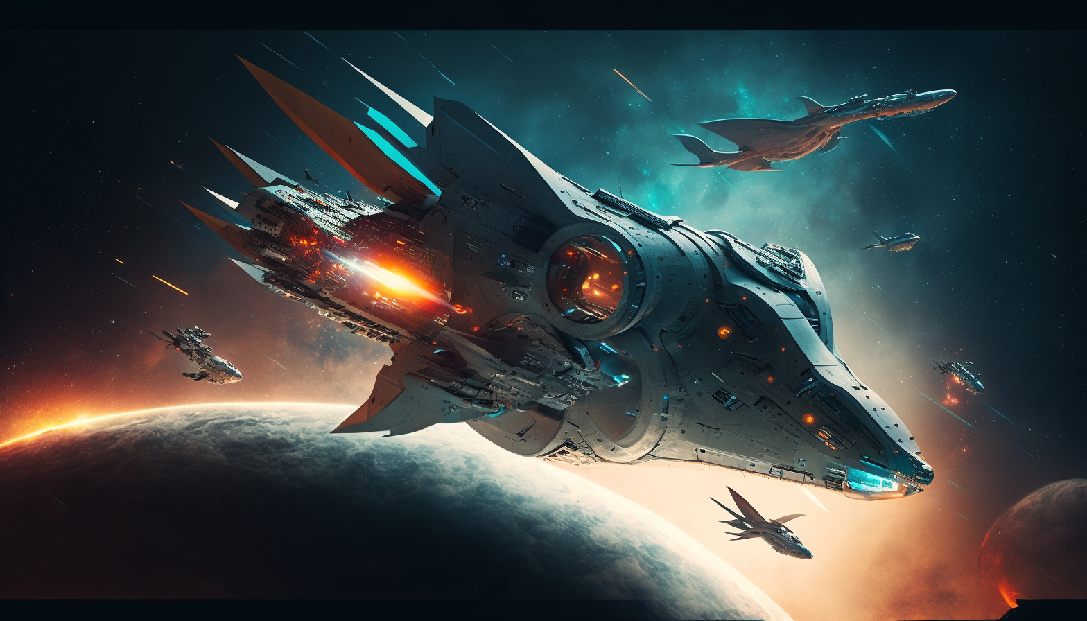 A sci-fi inspired image of a futuristic spaceship flying through the cosmos.