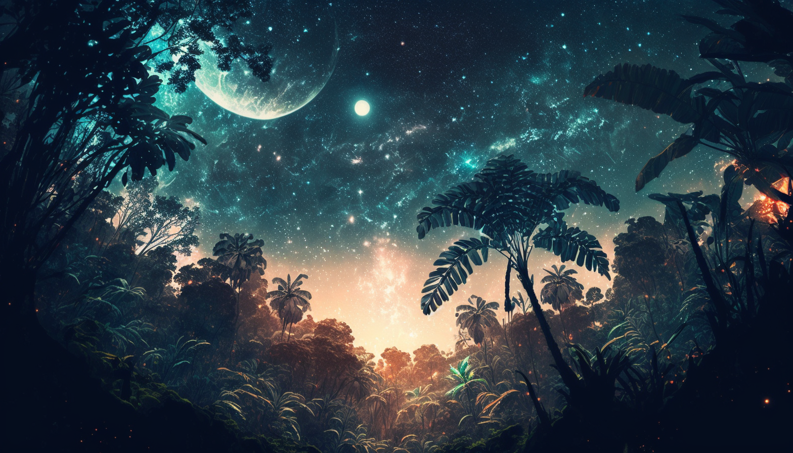 A dense jungle with a shimmering galaxy-filled sky above.