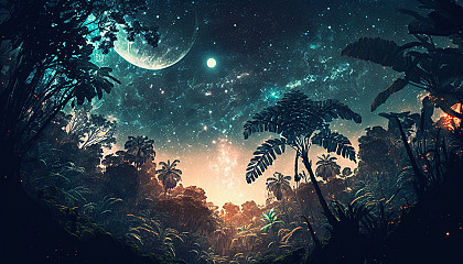 A dense jungle with a shimmering galaxy-filled sky above.