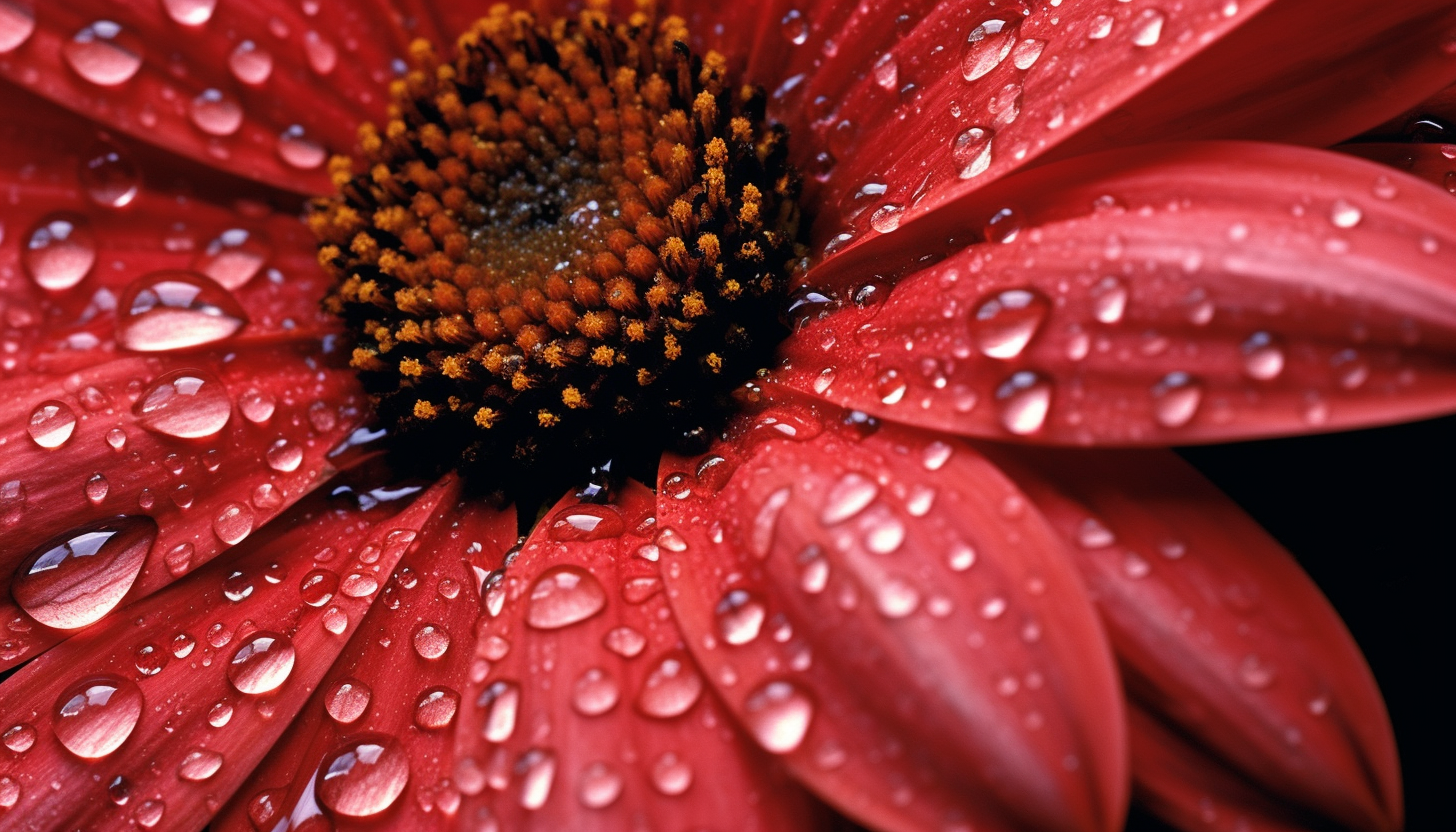 A close-up of dew-kissed petals of a blooming flower.