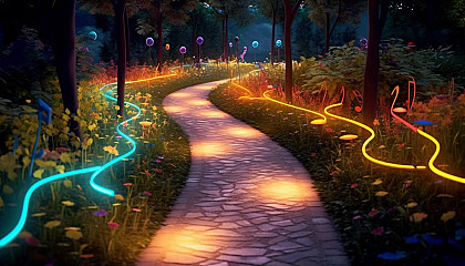 A pathway lined with colorful musical notes leading through a garden.