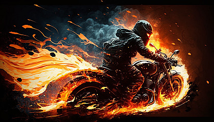 A motorcycle rider speeding down a winding road with flames shooting out of the exhaust.