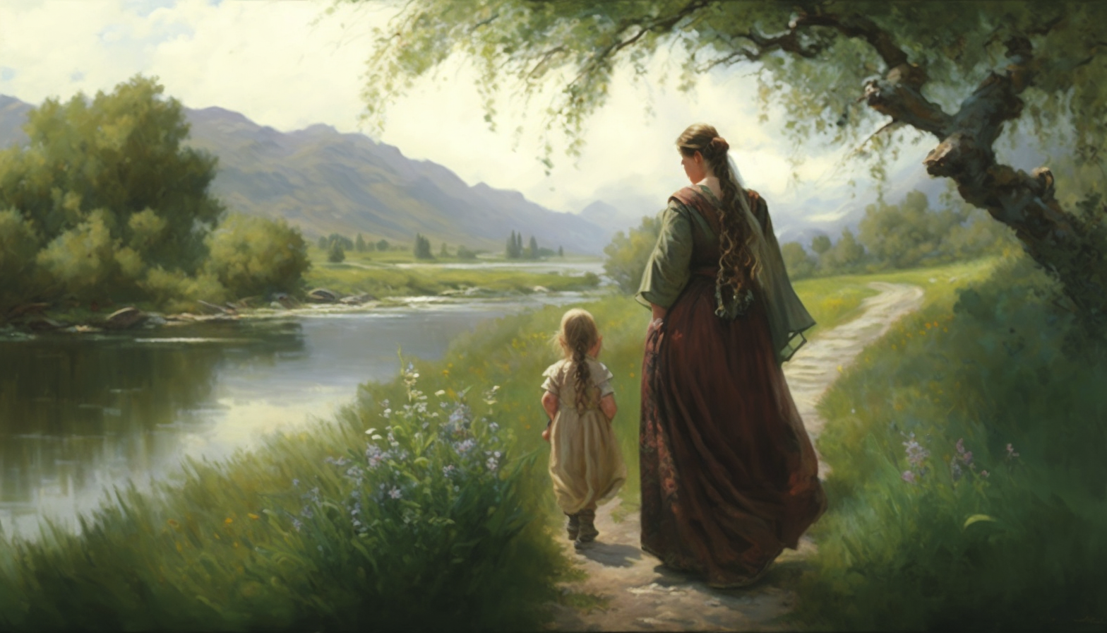 A peaceful landscape painting, with a mother and child depicted in a tranquil natural setting.