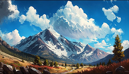 A painting of a mountain range in the summer with a bright blue sky and fluffy clouds.