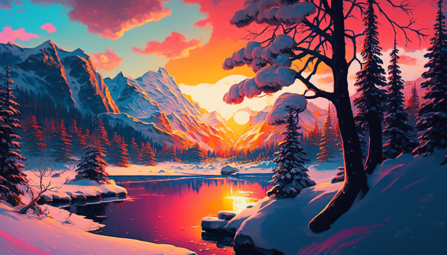 "Colorful Winter Wonderland": A winter landscape of colorful trees and snow-covered mountains, with the sun setting behind.