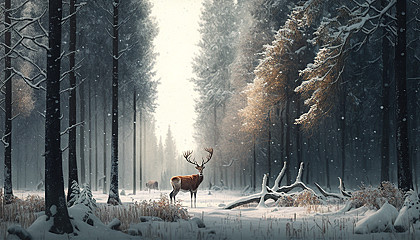 A snowy forest with deer grazing peacefully among the trees.