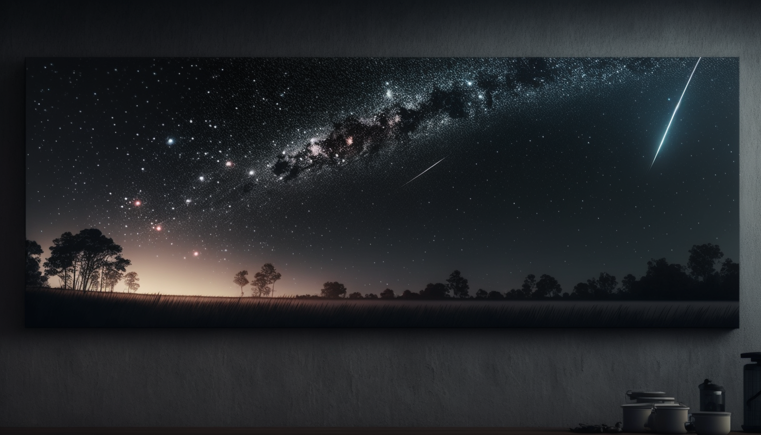 A panoramic view of a starry sky with constellations and a shooting star.