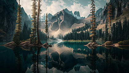 A serene lake surrounded by tall trees and mountains