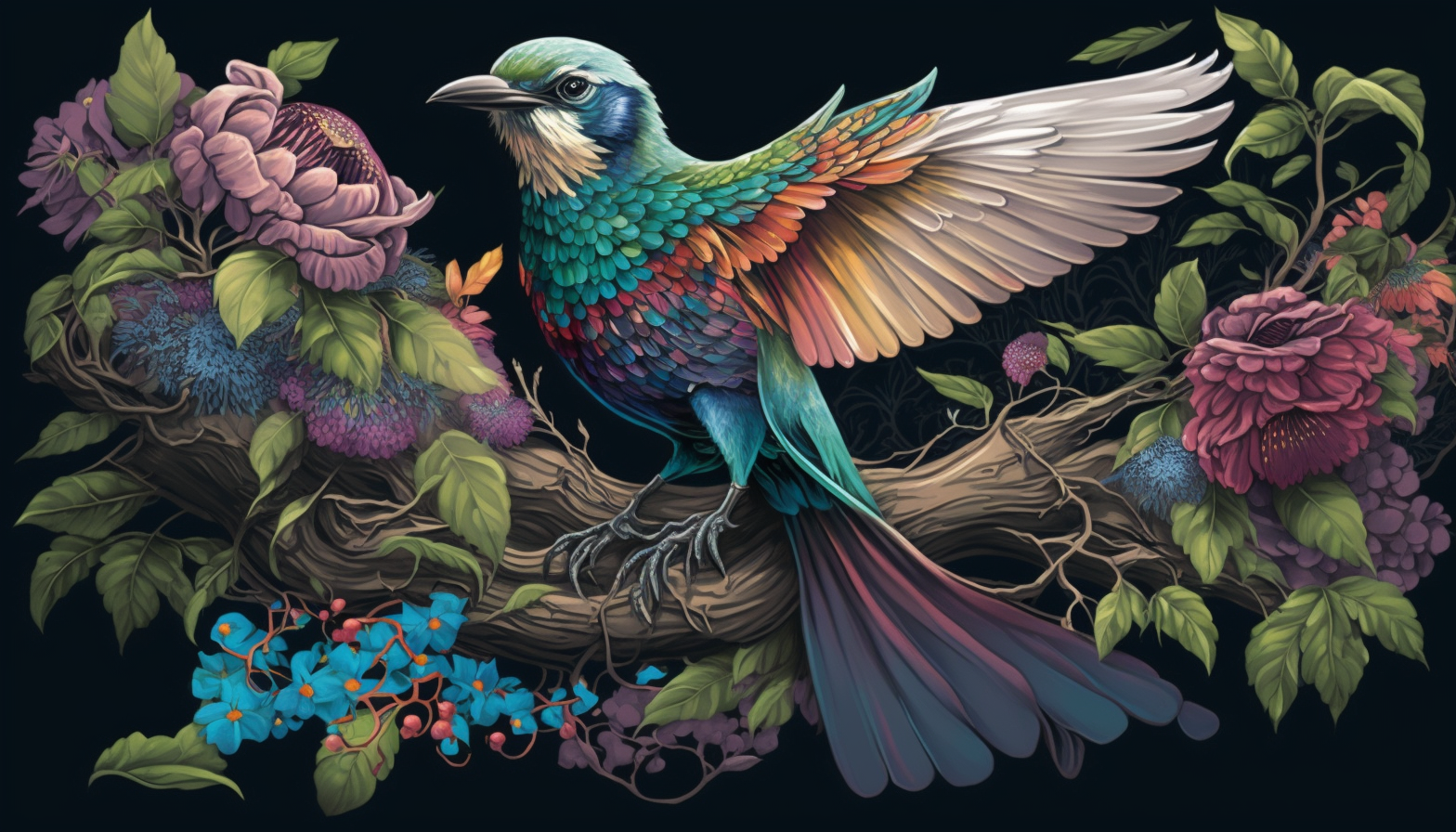 An illustration of a bird with its wings spread out, standing on a tree branch surrounded by a variety of colorful flowers.