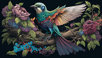 An illustration of a bird with its wings spread out, standing on a tree branch surrounded by a variety of colorful flowers.