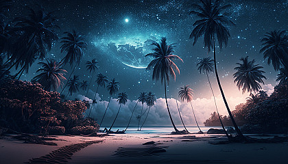 A tropical beach with palm trees and a star-filled sky above.