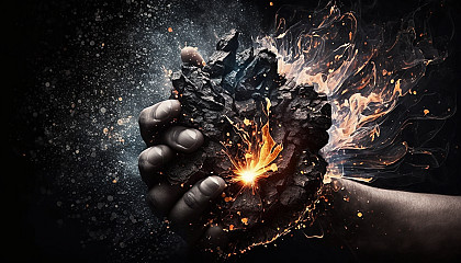 A person's hands holding a piece of coal or charcoal, with brilliant sparks and flames emanating from it.