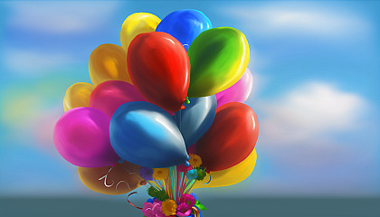 "Vibrant Balloons": A festive scene with a bouquet of colorful balloons floating against a blue sky.