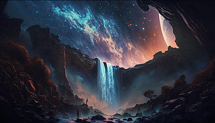 A waterfall cascading down a cliff with a galaxy-filled sky above.