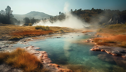 Geothermal hot springs surrounded by steamy, vibrant landscapes.