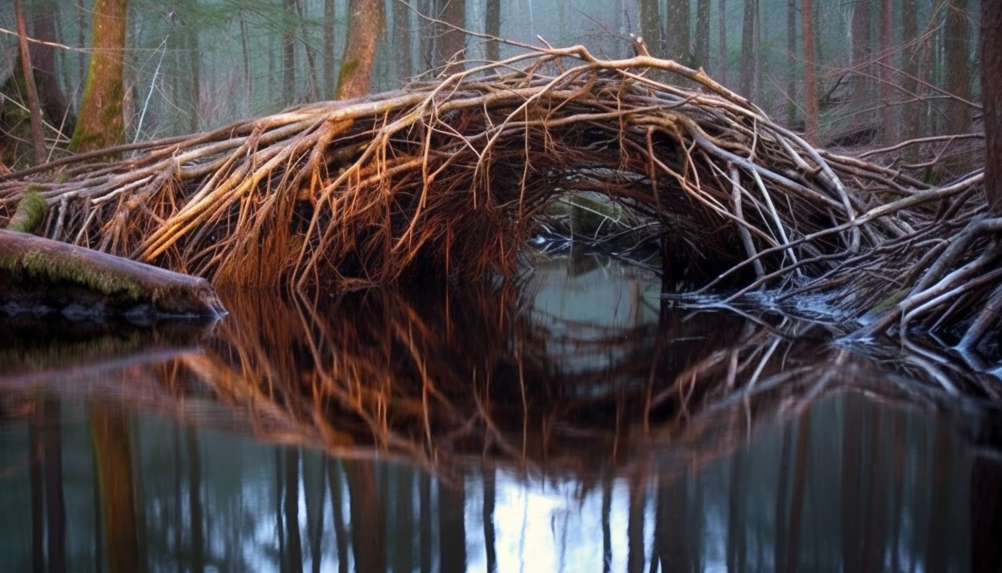 The intricate architecture of a beaver dam in a forest stream.