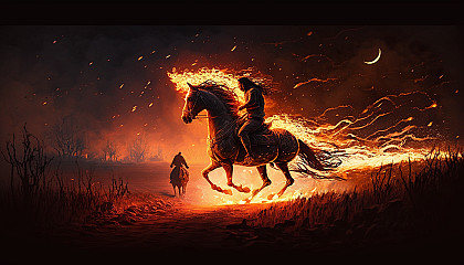 A horse and rider galloping through a field with the horse's mane and tail on fire and a trail of light behind them.