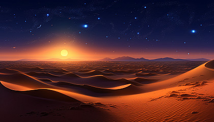 Towering sand dunes shifting with the wind under a starlit sky.