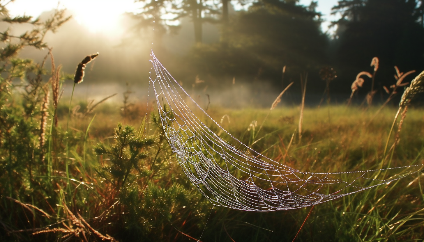 A blanket of morning dew covering a spider web in the grass.