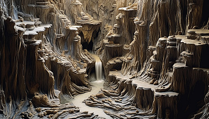 A cascading mountain stream carving through a rocky terrain.