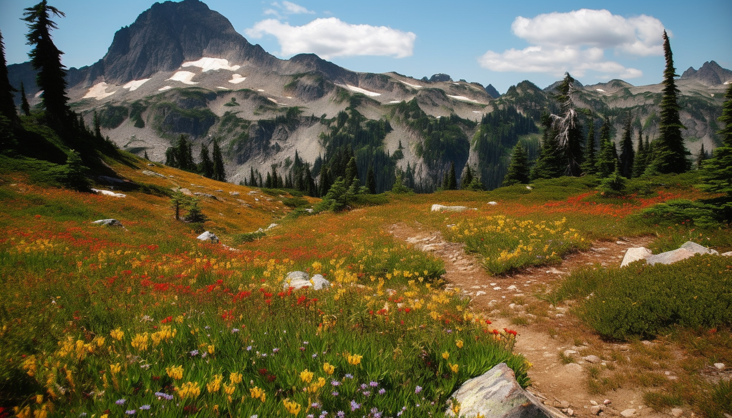 Alpine meadows bursting with colorful wildflowers and a backdrop of towering peaks.