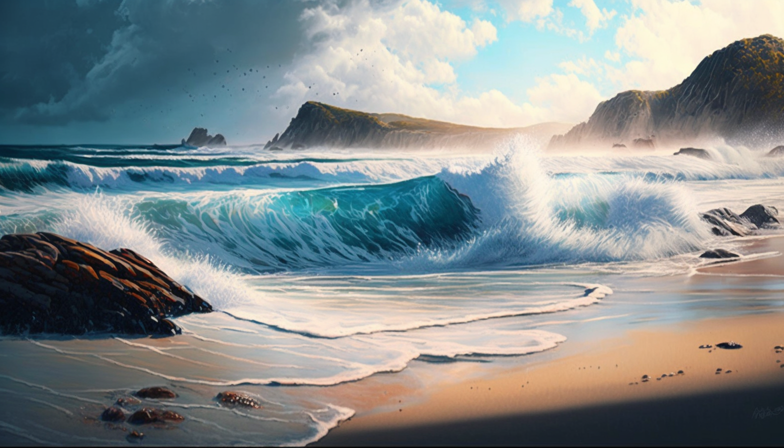 A tranquil beach with waves crashing onto the shore