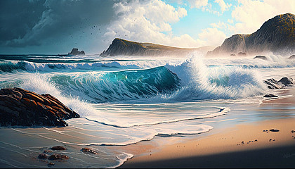 A tranquil beach with waves crashing onto the shore