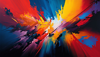 A vibrant abstract painting featuring bold, contrasting colors