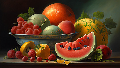 A still life painting of summer fruits like watermelon, mangoes, and strawberries.