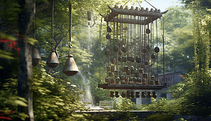 A gentle breeze causing chimes to sing a soothing tune in a garden.