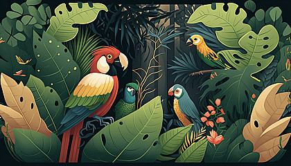 A lush green jungle with exotic birds and animals peeking out from the foliage.