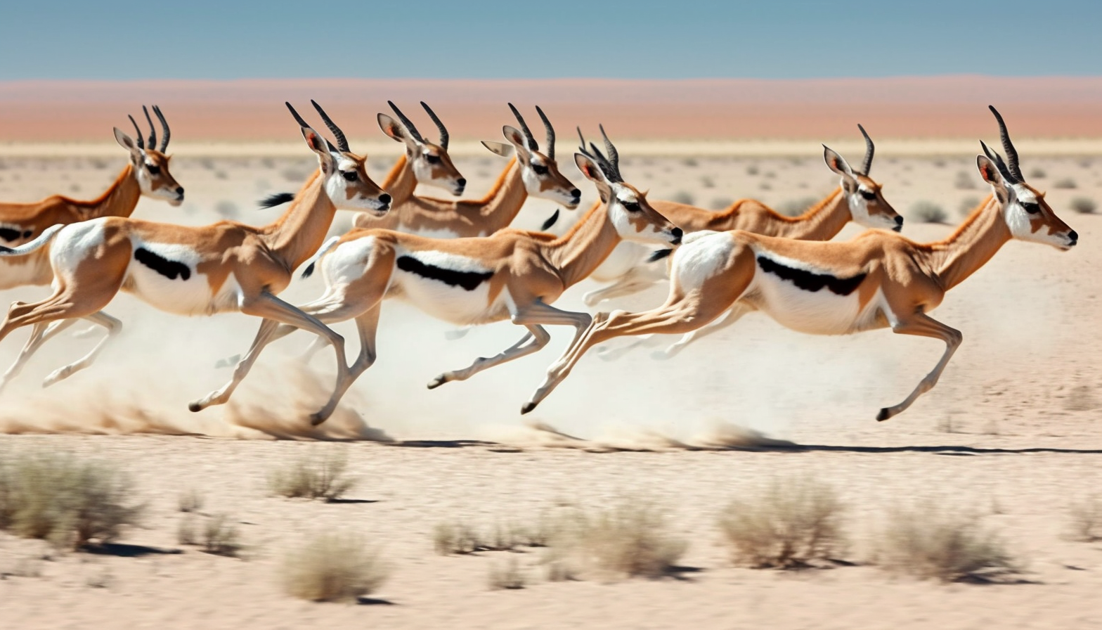 A herd of gazelles sprinting across an open plain