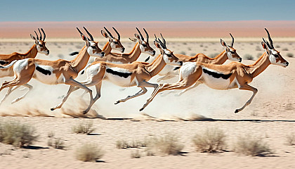 A herd of gazelles sprinting across an open plain