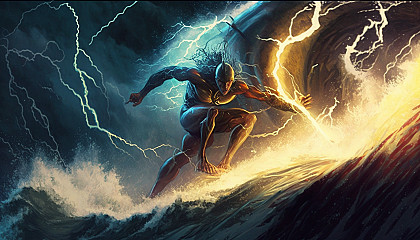 A surfer riding a massive wave with lightning bolts in the background.