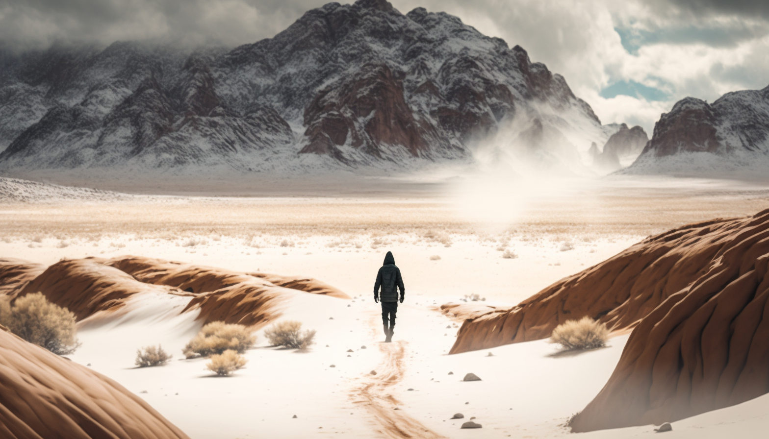 A person hiking through a snowy desert landscape