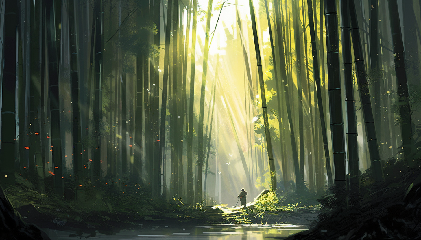 A dense bamboo forest with towering stalks and dappled sunlight.