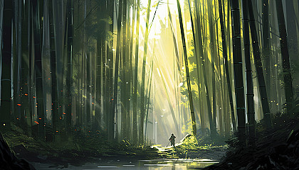 A dense bamboo forest with towering stalks and dappled sunlight.