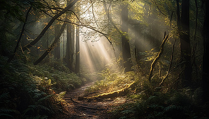 Foggy, mysterious forests with beams of sunlight piercing through the canopy.
