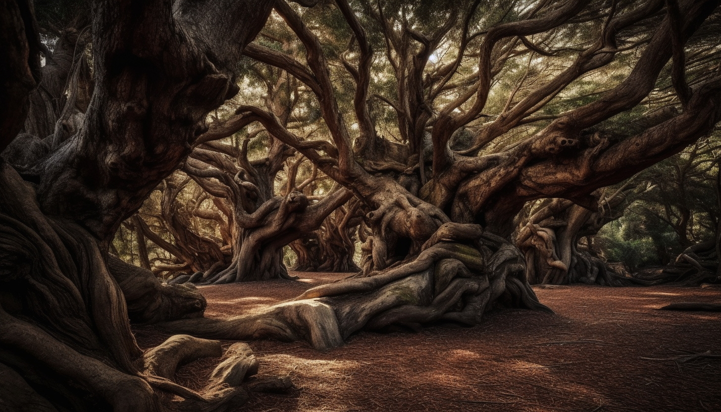 Ancient, gnarled trees with intertwining branches and roots, creating unique patterns.