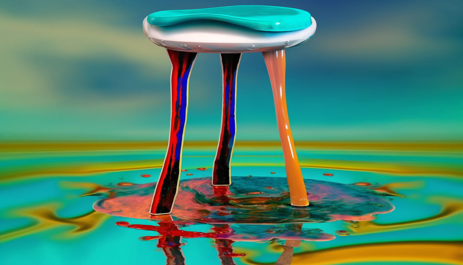 An image featuring a stool in an unexpected or unusual context, such as a stool floating in water or a stool with a vibrant, colorful design.