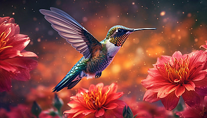 A hummingbird hovering mid-air, feeding from a vibrant flower.