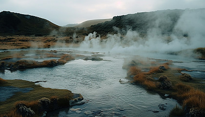 Geothermal hot springs surrounded by steamy, vibrant landscapes.