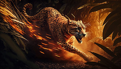 A cheetah running at high speed through a fiery jungle.