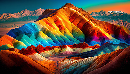 "Rainbow Mountains": A breathtaking landscape of mountains in vibrant colors, illuminated by the sun.