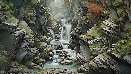 A cascading mountain stream carving through a rocky terrain.